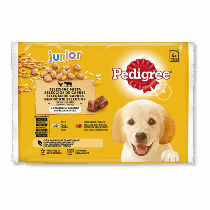Pedigree Comida húmeda para Perros Junior Sabor Pollo y Buey con Arroz en Gelatina Multipack 4x100g