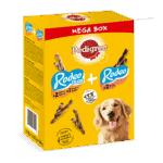 Pedigree Rodeo Mega Box Snacks para Perro sabores Mixtos, 14 x Pollo & Bacon, 8 x Buey, 7 x Buey & Queso, 509g