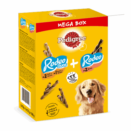 Pedigree Rodeo Mega Box Snacks para Perro sabores Mixtos, 14 x Pollo & Bacon, 8 x Buey, 7 x Buey & Queso, 509g