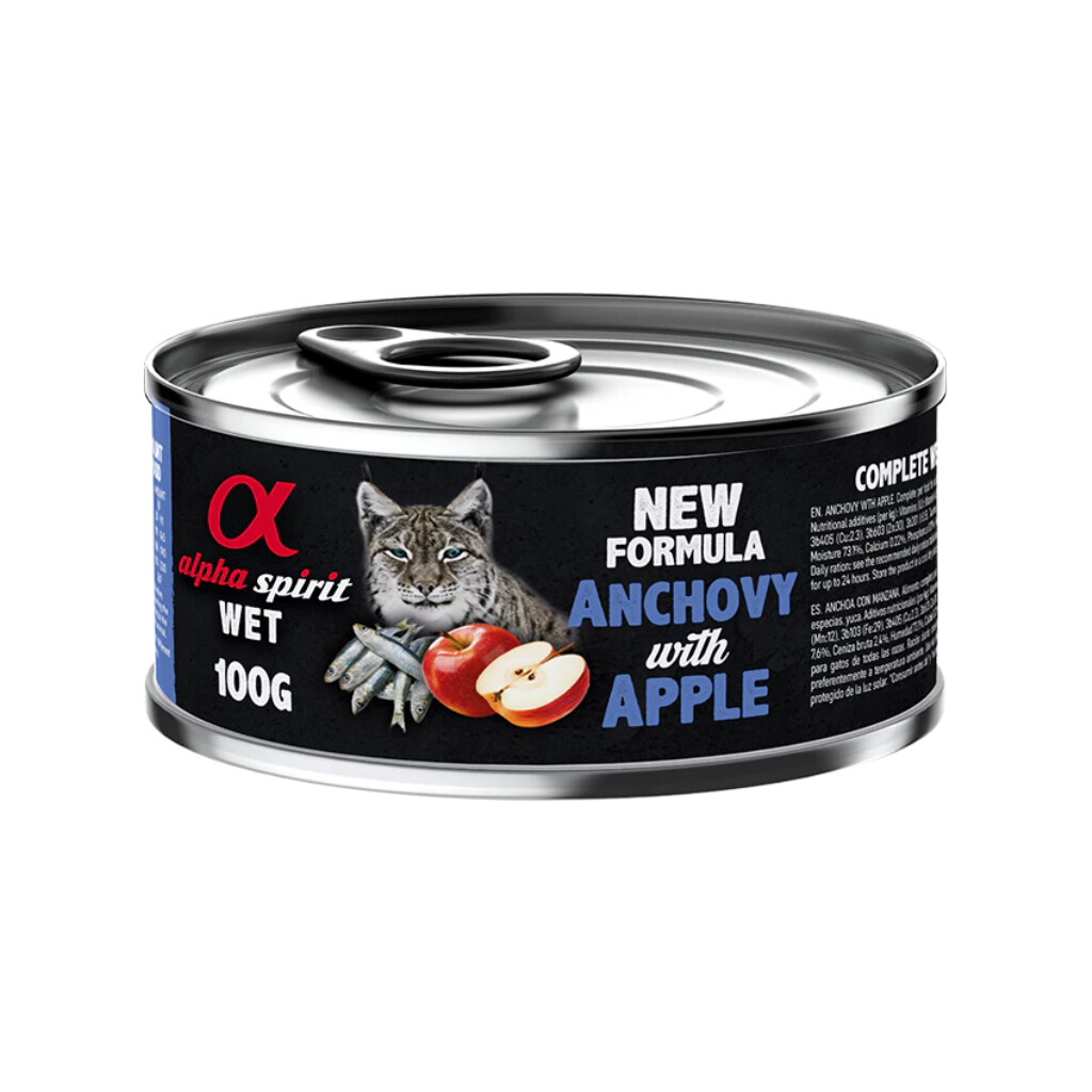 Gato Boquerón Con Manzana 100gr Alpha Spirit Lata Gato Boquerón con Manzana 100gr - Imagen 1