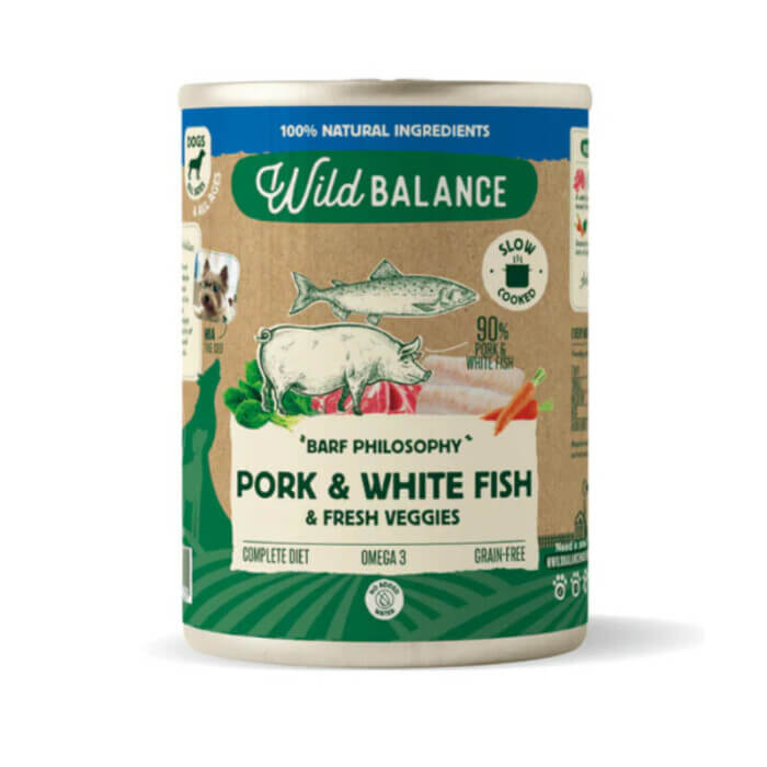 WB Lata Cerdo Pescado Blanco Wild Balance Comida Húmeda para Perro Cerdo y Merluza 400gr | Filosofía Barf - Imagen 1