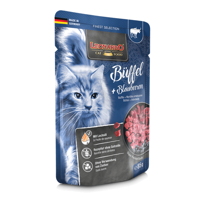 bl-pouch-finest-selection-bueffel-blaubeeren-85g-li.png Leonardo Húmedo Búfalo y Arándanos para Gatos 85g - Imagen 1