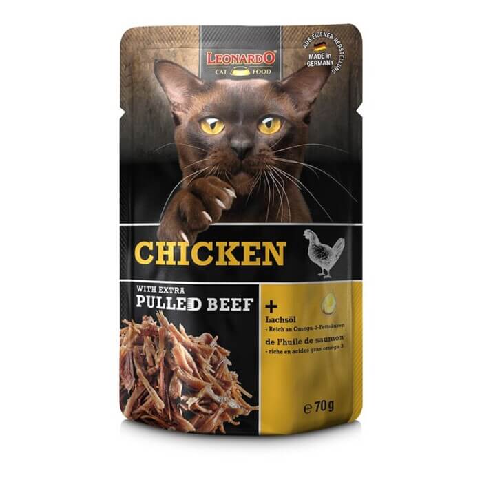 bl-pouch-pulled-beef-chicken-70g-front_800x800.jpg Leonardo Húmedo Pollo y Pulled Beef para Gatos 70g - Imagen 1