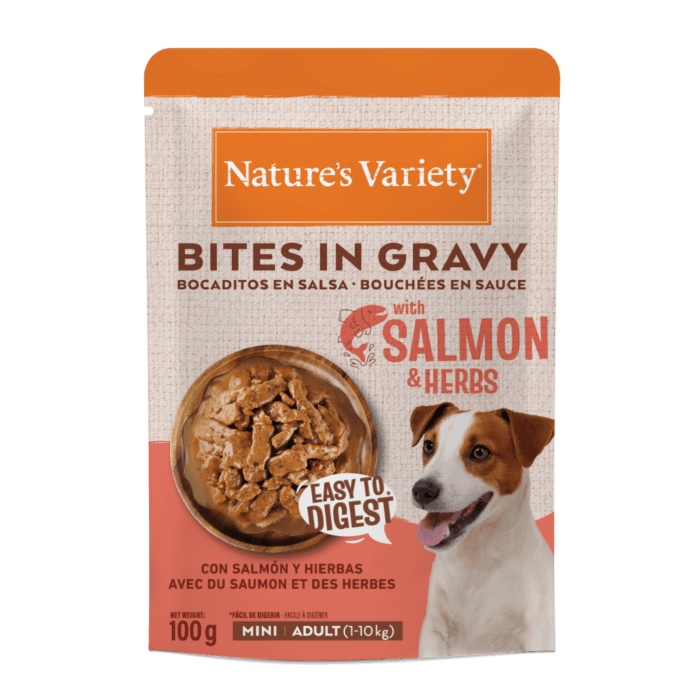 Nature's Variety Bocaditos en Salsa con Salmón y Hierbas para Perros Mini 100g - Imagen 1