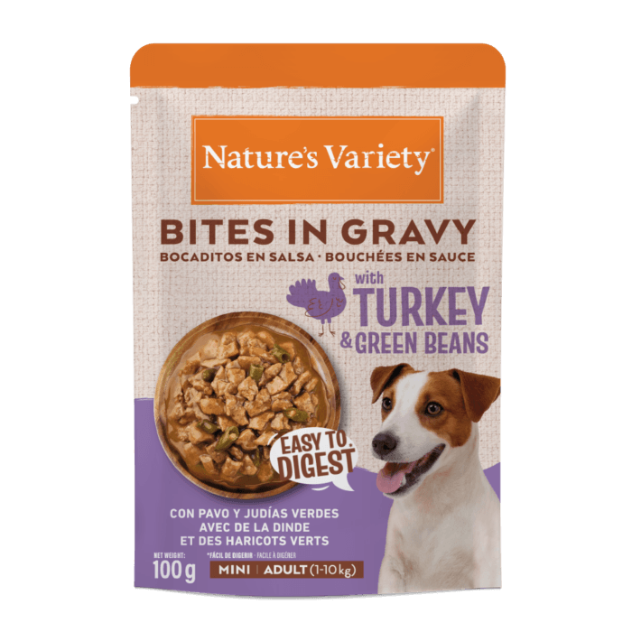 MATERIALES_969024_Affinity_NVWet_BitesInGravy_MiniTurkey_Pouch_100g_2D_Resized.png Nature's Variety Bocaditos en Salsa con Pavo y Judías Verdes para Perros Mini 100g - Imagen 1