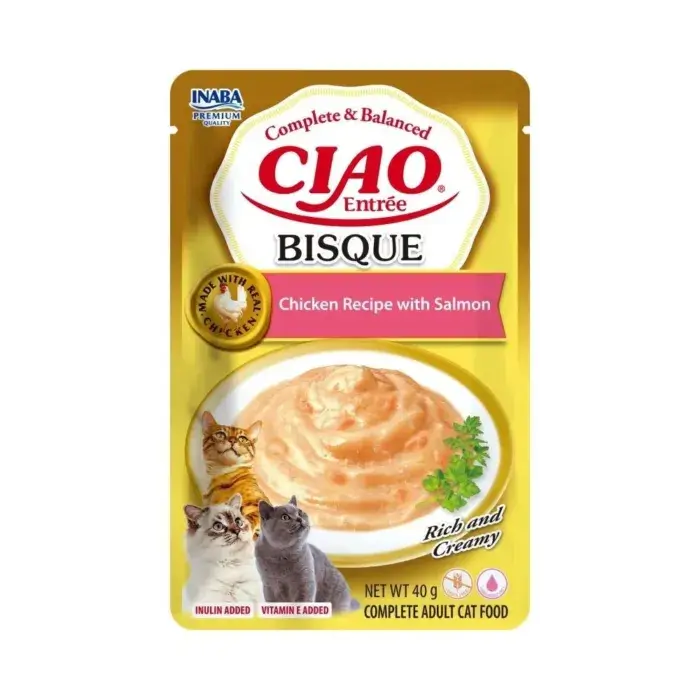 ciao-bisque-entree-sobre-de-pollo-con-salmon-para-gatos.webp Churu Ciao Entrée Bisque de Pollo con Salmón para Gatos 40g - Imagen 1